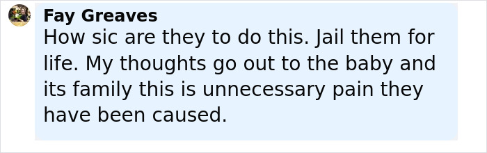 Comment by Fay Greaves expressing outrage over teens' fire extinguisher prank causing harm to 5-month-old baby rushed to hospital.