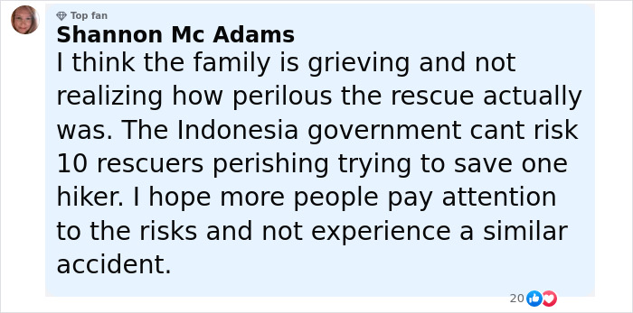 Comment from Shannon Mc Adams discussing family grief and rescue risks in Indonesia after tourist abandoned on active volcano incident. Comment from Shannon Mc Adams discussing family grief and rescue risks in Indonesia after tourist abandoned on active volcano incident.