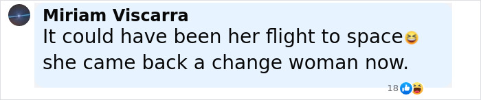 Comment by Miriam Viscarra mentioning a possible space flight and a change in a woman, reacting with laughing emojis. Comment by Miriam Viscarra mentioning a possible space flight and a change in a woman, reacting with laughing emojis.
