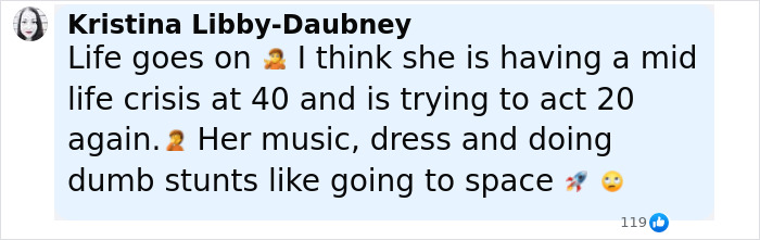 Comment by Kristina Libby-Daubney discussing midlife crisis and behavior patterns, referencing music and adventurous stunts. Comment by Kristina Libby-Daubney discussing midlife crisis and behavior patterns, referencing music and adventurous stunts.
