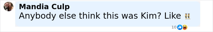 Comment post by Mandia Culp asking if the person looks like Kim after Bianca Censori wears daring bodysuit and hair extensions.