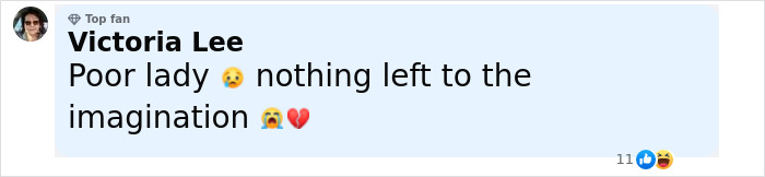 Comment by Victoria Lee expressing sympathy with sad and broken heart emojis on a social media post.