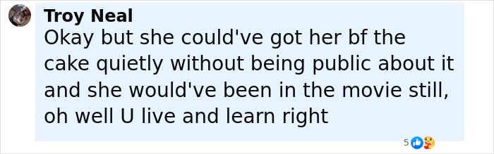Facebook comment from Troy Neal discussing Miley Cyrus and a cake controversy related to a kids movie and being fired.