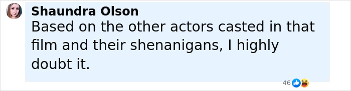 Comment by Shaundra Olson expressing doubt about Miley Cyrus being fired over a cake shaped like male genitalia.
