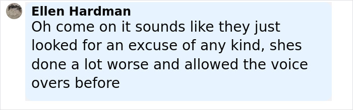 Comment by Ellen Hardman explaining skepticism about Miley Cyrus being fired from kids movie over cake shaped like male genitalia.