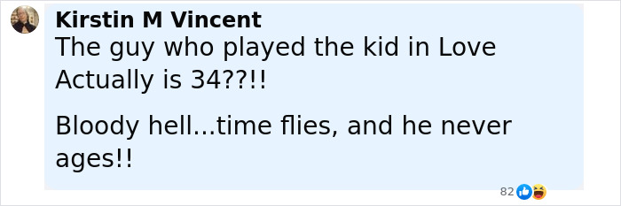 Screenshot of a social media comment discussing viral photos of Love Actually star and Sean Connery taken at the same age.