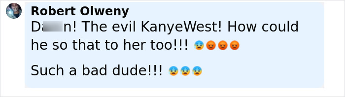 Comment expressing anger at Kanye West with emojis, referencing fans fearing Bianca Censori&rsquo;s sister is being groomed.
