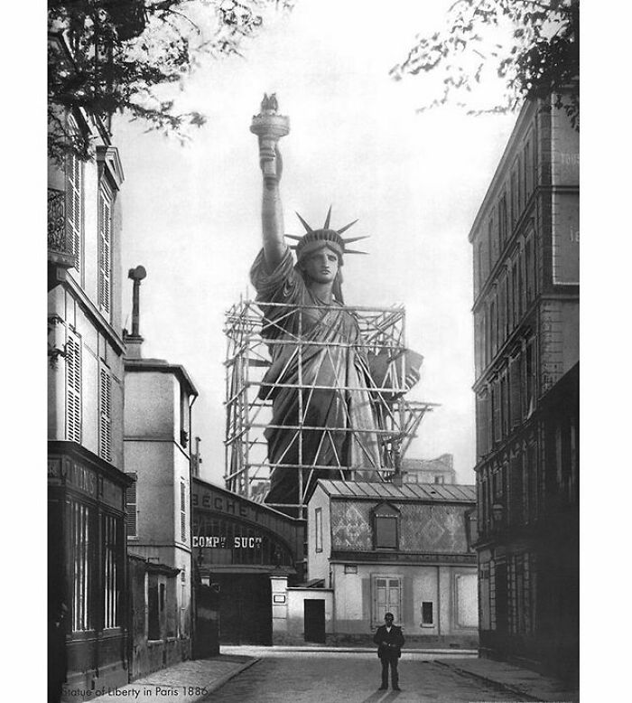 Statue of Liberty under construction in Paris in 1886, showcasing a timeless photo capturing what the past looked like.