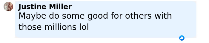Comment by Justine Miller expressing skepticism about Jeff Bezos' lavish wedding, suggesting he should help others with millions. Comment by Justine Miller expressing skepticism about Jeff Bezos' lavish wedding, suggesting he should help others with millions.