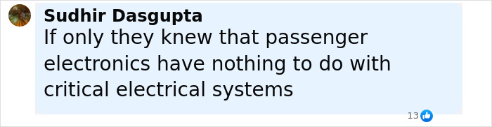 Comment discussing passenger electronics not affecting critical electrical systems on Air India Boeing jet before crash, sparking outrage.