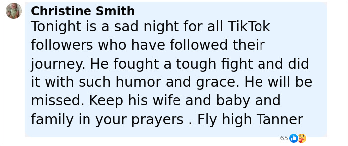 Comment from Christine Smith expressing sadness over Tanner Martin's passing and sending prayers to his family. Comment from Christine Smith expressing sadness over Tanner Martin's passing and sending prayers to his family.
