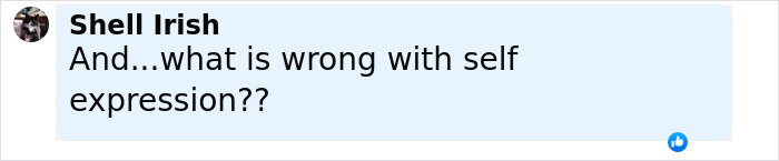 Comment by Shell Irish questioning self-expression, shown in a social media post with a like reaction icon. Comment by Shell Irish questioning self-expression, shown in a social media post with a like reaction icon.