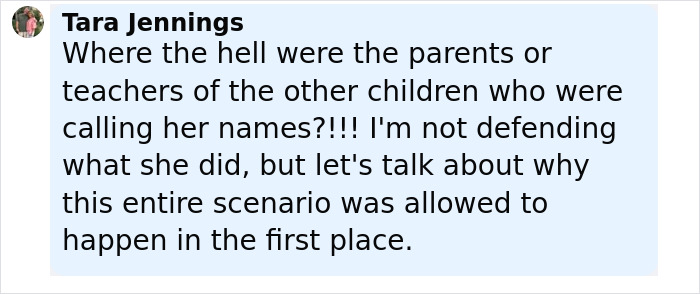 Comment from Tara Jennings questioning parental and teacher supervision after raging mom drove pickup truck through kids' park.
