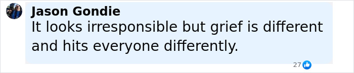 Comment by Jason Gondie discussing grief and responsibility, with a small profile photo, shown on a social media platform.