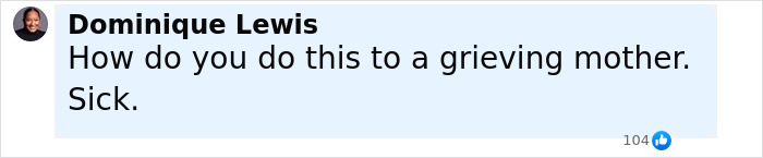 Comment by Dominique Lewis expressing anger about a grieving mother on social media regarding Whitney Purvis.