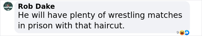 Screenshot of a Facebook comment by Rob Dake about wrestling matches in prison referencing a haircut.