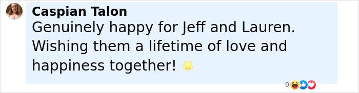 Comment expressing happiness for Jeff Bezos and Lauren Sanchez after details of their lavish wedding are revealed. Comment expressing happiness for Jeff Bezos and Lauren Sanchez after details of their lavish wedding are revealed.