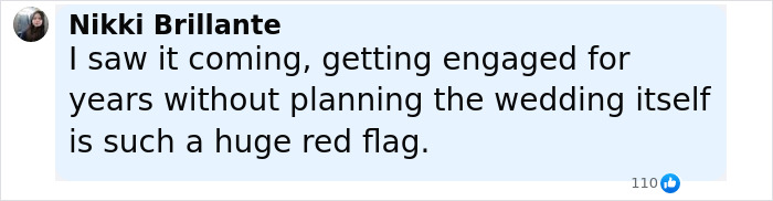 Comment from Nikki Brillante sharing thoughts on prolonged engagement being a red flag before Katy Perry and Orlando Bloom split. Comment from Nikki Brillante sharing thoughts on prolonged engagement being a red flag before Katy Perry and Orlando Bloom split.