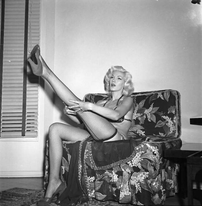 Vintage black and white photo of a woman in fishnet stockings sitting on a floral chair, showcasing timeless photos from the past.