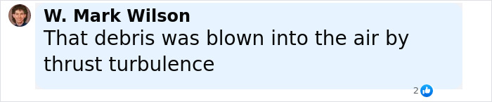 Comment by W. Mark Wilson stating that debris was blown into the air by thrust turbulence related to mysterious object flying off Air India plane.