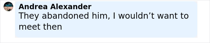 Comment by Andrea Alexander saying they abandoned him and wouldn&rsquo;t want to meet them about man abandoned as baby in plastic bag.