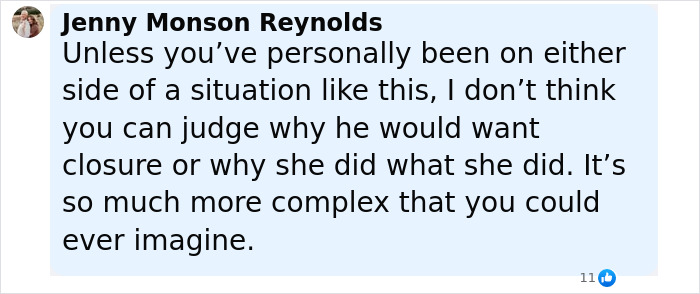 Comment by Jenny Monson Reynolds discussing the complexity of seeking closure after being abandoned as a baby.