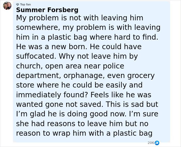 Comment discussing concerns about a baby abandoned in a plastic bag and reflections on safety and rescue.