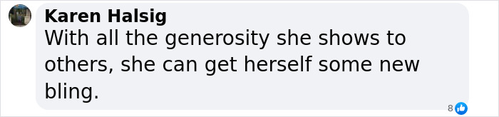 Comment criticizing Taylor Swift’s wealth display during Eras Tour, mentioning generosity and buying new bling. Comment criticizing Taylor Swift’s wealth display during Eras Tour, mentioning generosity and buying new bling.