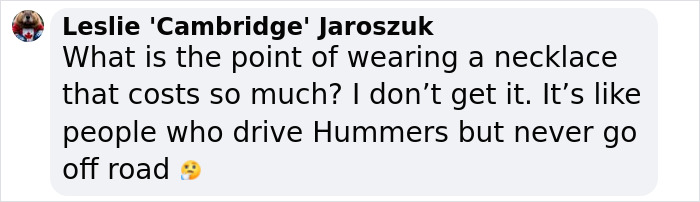 Comment criticizing wealth display during Eras Tour outing, comparing expensive necklace to impractical luxury items. Comment criticizing wealth display during Eras Tour outing, comparing expensive necklace to impractical luxury items.