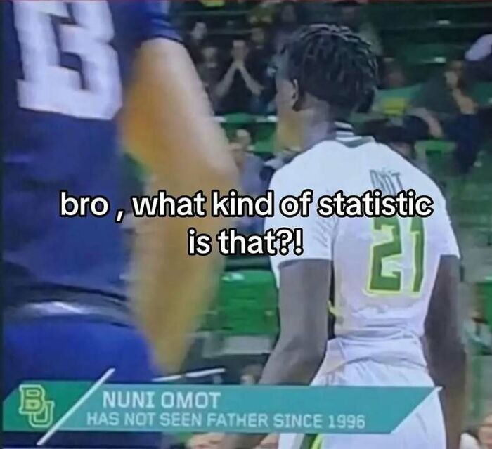 Basketball player meme with a confusing statistic about not seeing a father since 1996, sparking curiosity.