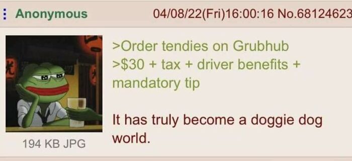 Screenshot of an anonymous post humorously commenting on high food delivery costs in a dog-themed meme, sparking curiosity.