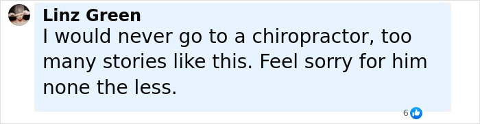 Comment from Linz Green expressing distrust of chiropractors and sympathy for man with neck pain and locked-in syndrome.