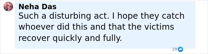 Comment by Neha Das expressing hope for quick recovery of victims after violence against women involving syringes at music festival.