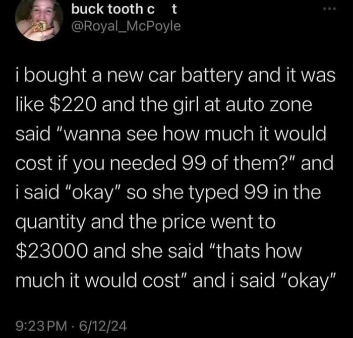 Screenshot of a social media post describing a surprising cost calculation while buying a car battery, sharing a hmmm moment.
