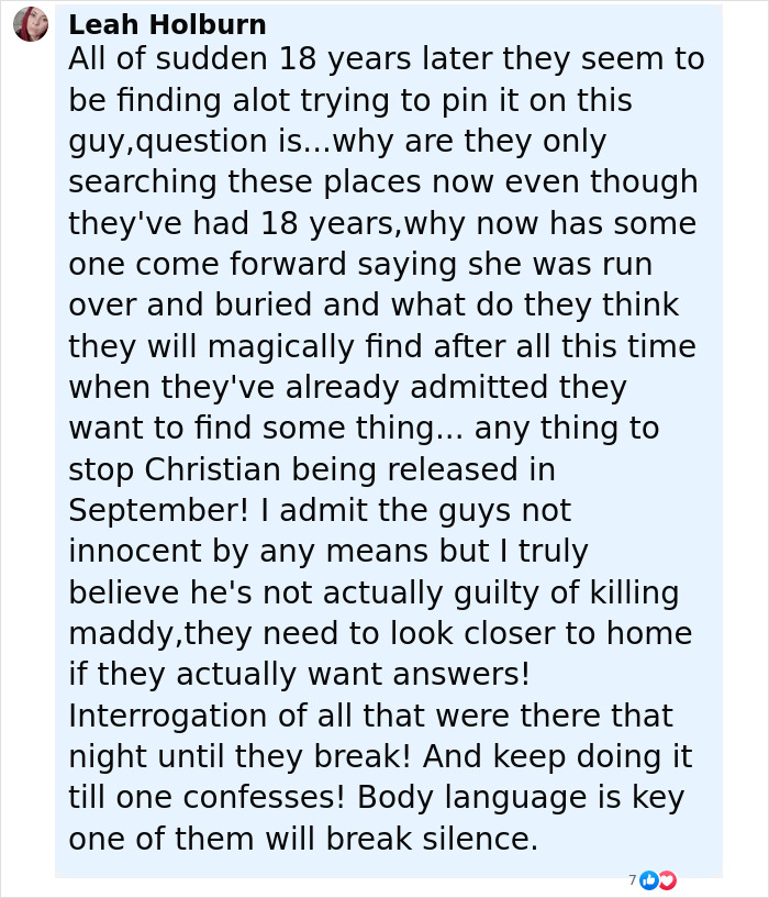 Comment from Leah Holburn expressing doubts about recent Madeleine McCann detectives&rsquo; search uncovering bones, clothing, and buried weapons.