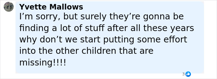Comment by Yvette Mallows expressing concern about focusing on other missing children as detectives discover buried weapons and bones.