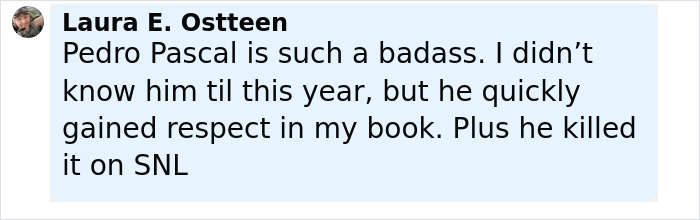 Tweet praising Pedro Pascal’s performance on SNL, highlighting respect gained and mentioning J.K. Rowling mocking Death Eater claim. Tweet praising Pedro Pascal’s performance on SNL, highlighting respect gained and mentioning J.K. Rowling mocking Death Eater claim.