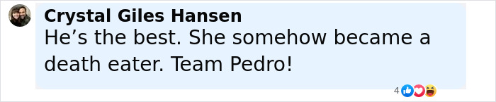 Comment by Crystal Giles Hansen mentioning becoming a death eater and supporting Pedro Pascal in a social media post. Comment by Crystal Giles Hansen mentioning becoming a death eater and supporting Pedro Pascal in a social media post.