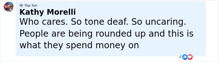 Comment from Kathy Morelli criticizing spending, mentioning blue veins on her hands in context of Lauren S&aacute;nchez&rsquo;s viral moment.