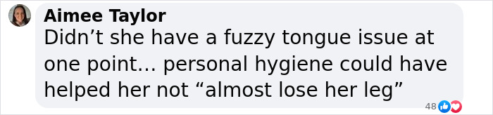 Comment discussing Miley Cyrus&rsquo; brutal infection and its possible causes, mentioning fuzzy tongue and personal hygiene.