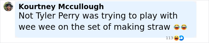 Comment text on social media alleging Tyler Perry's harassment of a male actor during filming, shown on a white background.