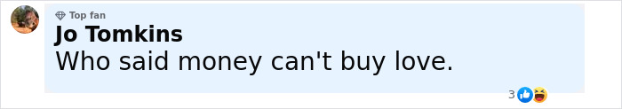 Comment by user Jo Tomkins stating Who said money can't buy love, referencing Kanye West paying Bianca Censori to wear a racy look.