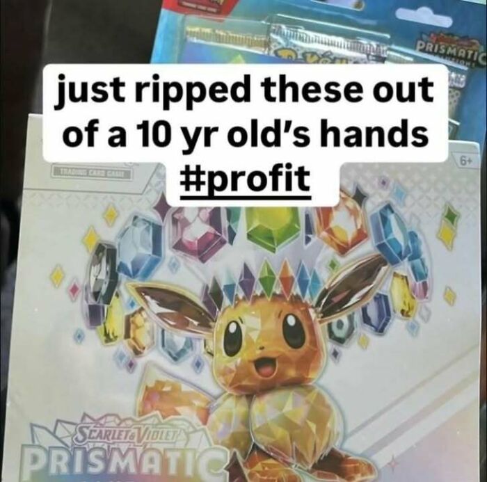 Close-up of a Pokémon Prismatic trading card pack featuring a sparkling Eevee, shared in a viral hmmm moment.