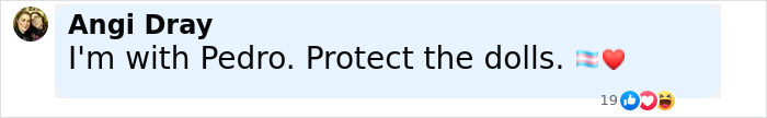 Comment by Angi Dray supporting Pedro Pascal with transgender pride and heart emojis on social media post. Comment by Angi Dray supporting Pedro Pascal with transgender pride and heart emojis on social media post.