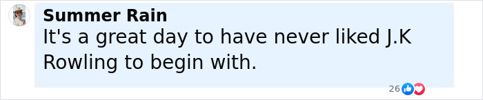 Comment from Summer Rain expressing dislike for J.K. Rowling in a social media post about Death Eater claims. Comment from Summer Rain expressing dislike for J.K. Rowling in a social media post about Death Eater claims.