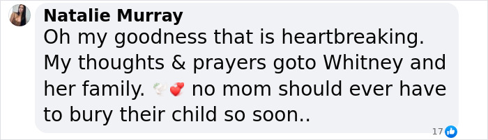 Facebook comment expressing sympathy for Whitney Purvis, 16 and Pregnant star, after losing her 16-year-old son.