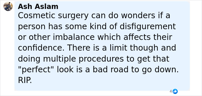 Comment about risks of plastic surgery and multiple procedures affecting confidence, linked to tragedy after partying with surgeon.