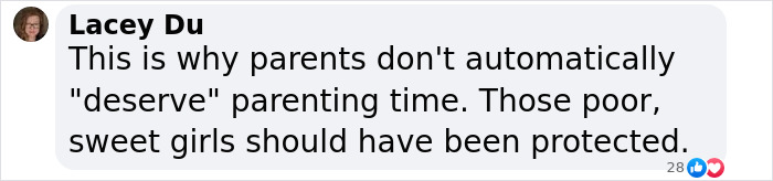 Comment by Lacey Du expressing concern over missing sisters and questioning parenting rights and protection.