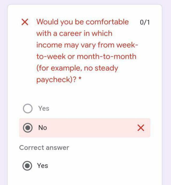 Quiz question about comfort with a career having variable income, with an unexpected correct answer shown.