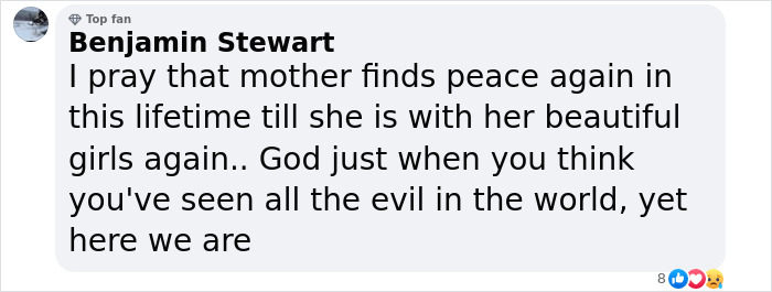Facebook comment from Benjamin Stewart expressing a prayer for peace after fugitive dad crime involving non-human blood found.